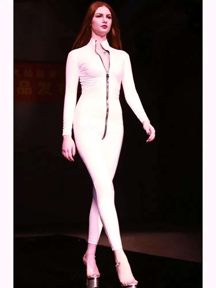 Wet Look PVC Catsuit Shiny PU Leather Cosplay Jumpsuit 3 Zipper Open Crotch Bodysuit Tights Sexy Clubwear Leotard Unitard Bodies
