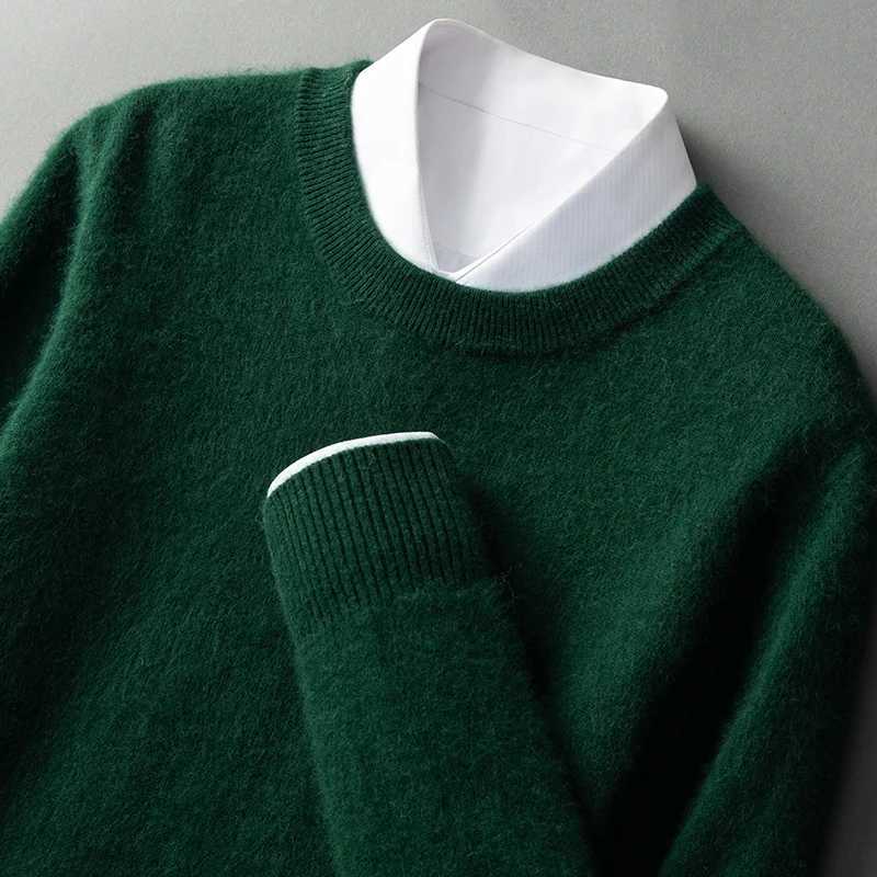 Mens 100% mink cashmere sweater loose autumn winter youth solid color long sleeved zipper round neck knitted bottom sweater W250322
