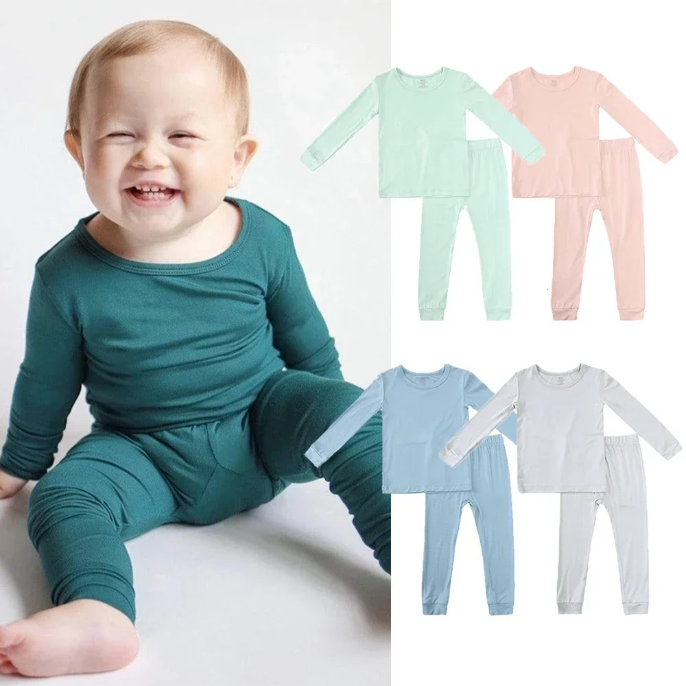 Bamboo Fiber For Kids Pyjamas Solid Long Sleeve Pants Breathable Sleepwear Clothes Toddler Boy Girl Loungerwear Outfits 250321
