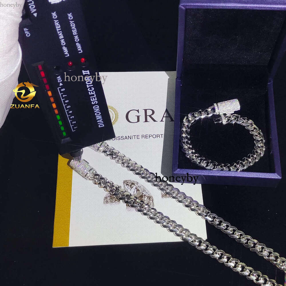 Zuanfa VVS Moissanite Dia Clasp 8mm Wide Solid Sier Cuban Chain White Gold Plated Mens Hip Hop Fashion Necklace Bracelet