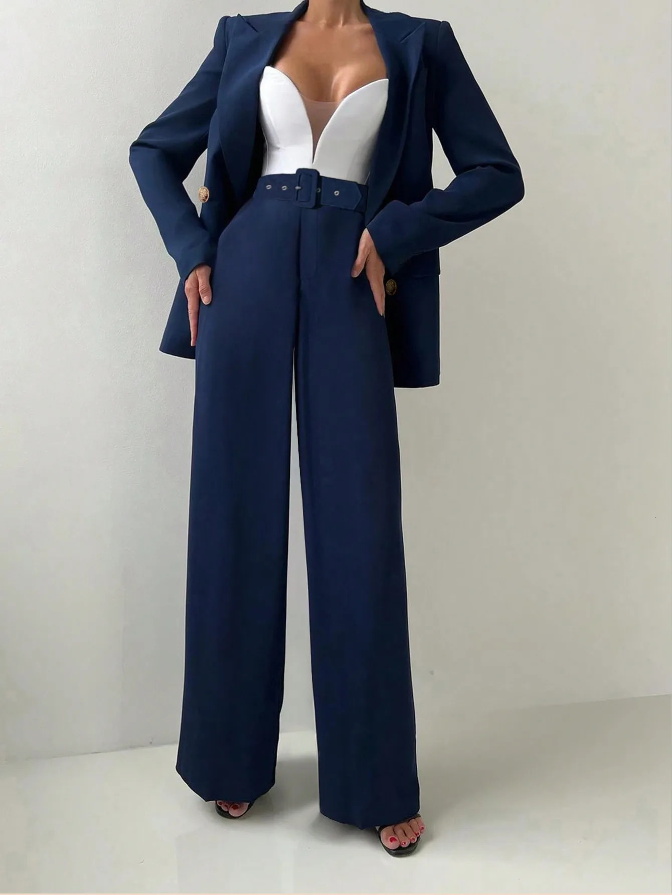 Womens 2piece waist belt double chest jacket and elastic straight leg pants set office wear business casual 250321
