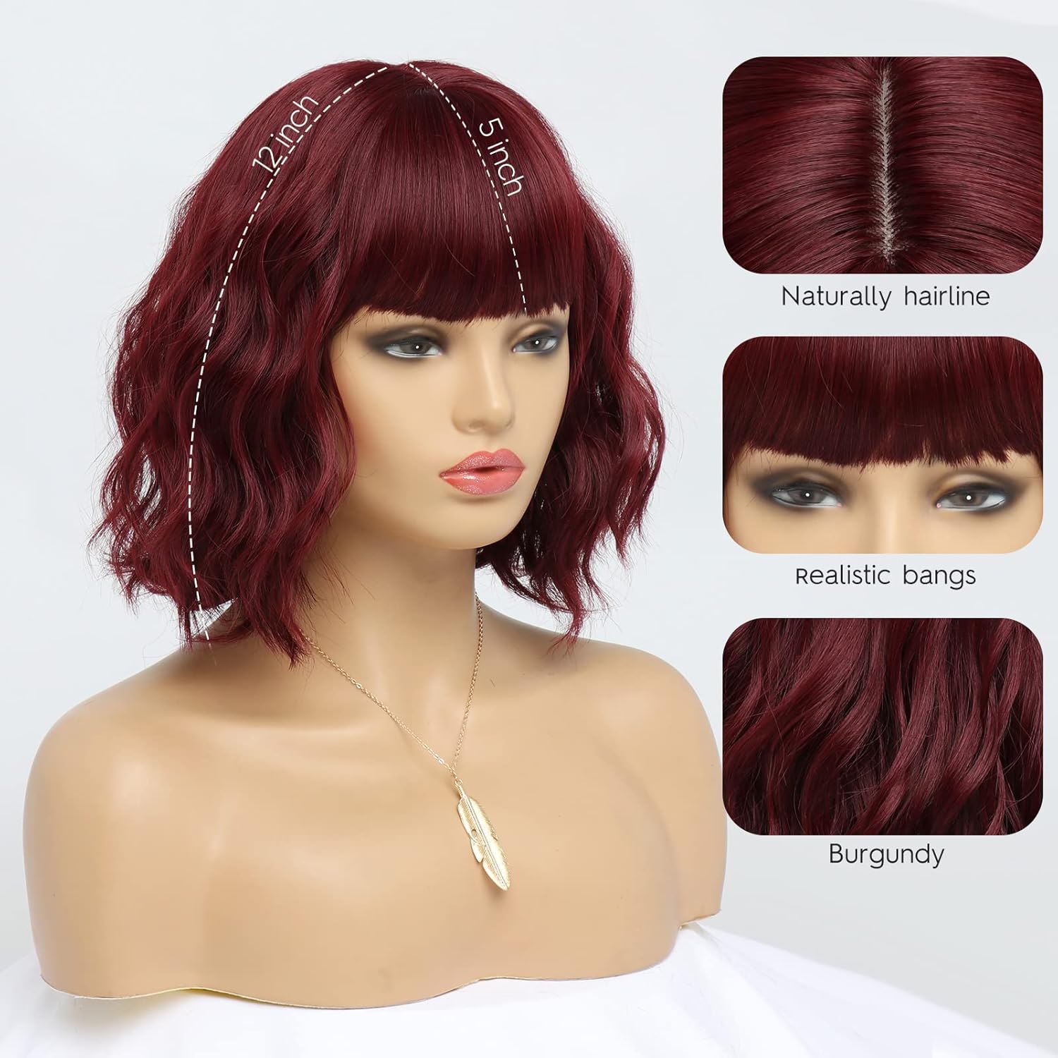 Short Burgundy Wigs for Women Wine Red Wavy Wig with Bangs,Dark Red Bob Wig Synthetic Hair Water Wave Medium Length Colorful Wigs