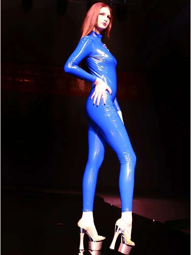 Wet Look PVC Catsuit Shiny PU Leather Cosplay Jumpsuit 3 Zipper Open Crotch Bodysuit Tights Sexy Clubwear Leotard Unitard Bodies