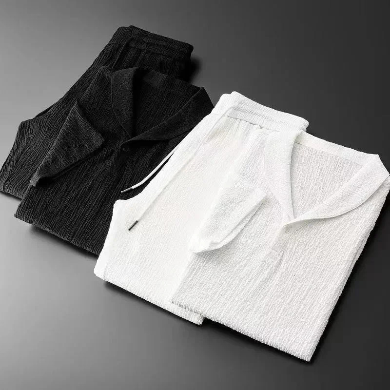 Summer ultra-thin five piece ice silk linen set mens cotton linen 2-piece set loose fit mid sleeve T-shirt sportswear 250318