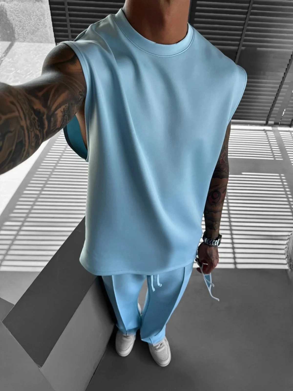 Summer mens sports fashion casual pants vest set loose sleeveless T-shirt solid color set 250318