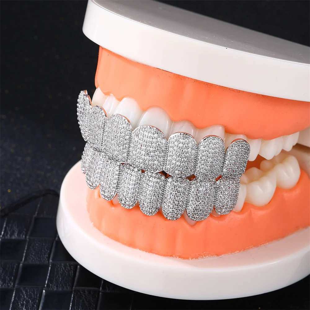 D Z New Teeth Grillz Prong With Bling AAA CubicStones Silver Color Eight Top Bottom Vampire Grills Set For Hip Hop GiftXJ250322