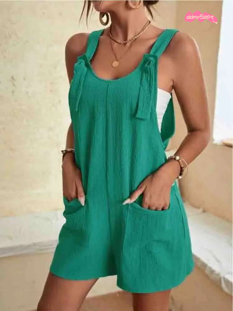 Women's Casual Summer Short Rompers Overalls 2024 Loose Sleeveless Tie Knot Strap Jumpsuits with Pockets ddmySept