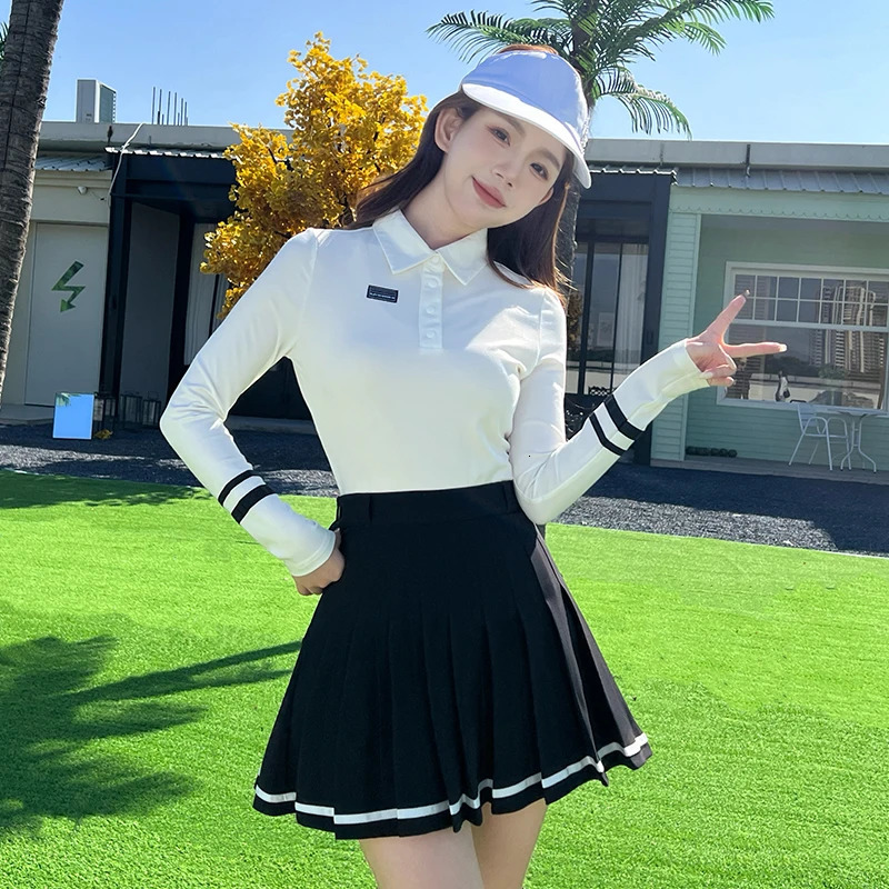2025 Golf Women Clothing Striped Long Sleeve Shirts Button Collar Sports Tops Spring Pleated Short Skirt Set Korean Tennis Skort 250321