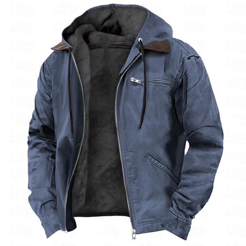 casual mens solid color hooded jacket with velvet zipper pocket jacket 240703