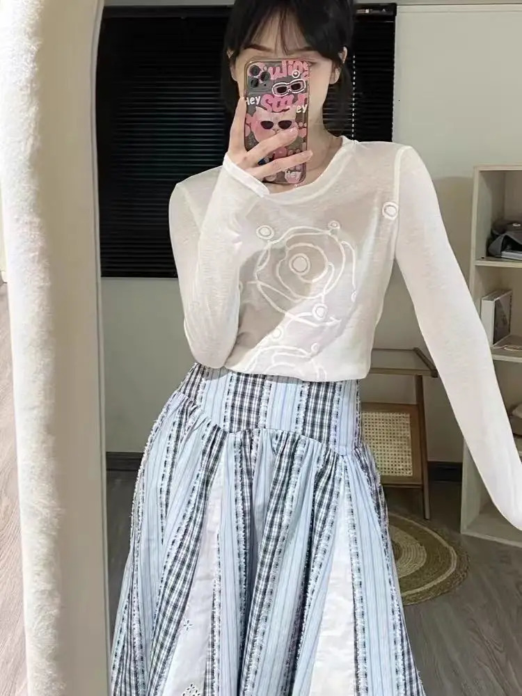 Wedbleser Sweet Printed Patchwork Striped Midi Skirt Womens Summer Casual Style High Waist A-line Long Skirts 250319