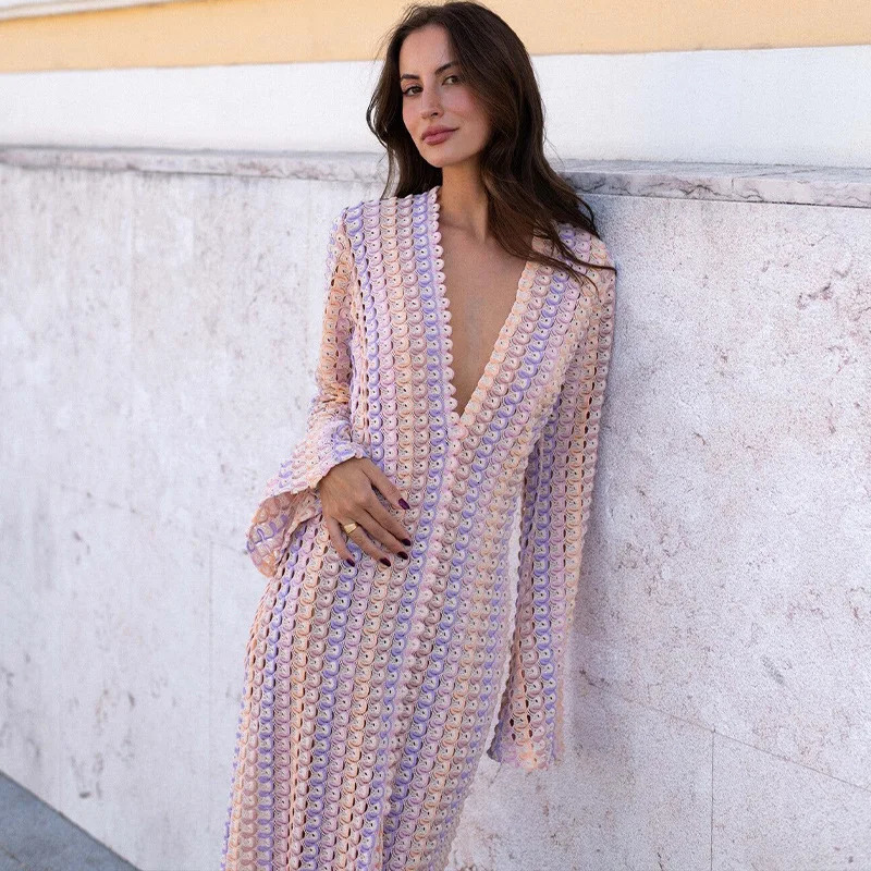 Crochet colorful striped sparkling sleeves Maxi dress Vneck high splicing sexy lace long 2024 beach party vest 250318