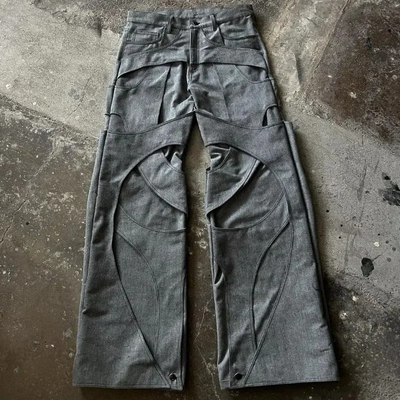 Solid color hollow street jeans mens work jeans casual floor length loose Trouser retro work jeans Y2k pants 250317