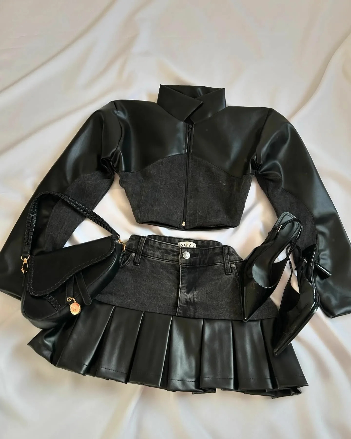 Two piece womens set Y2K Pu leather patchwork denim black skiing set Harajuku Gothic sexy zipper jacket mini skiing 250317