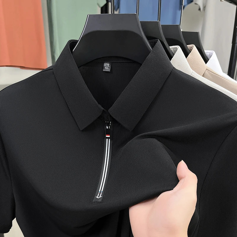 2025 mens solid color polo shirt short sleeved zipper summer lightweight street clothing breathable top 250322