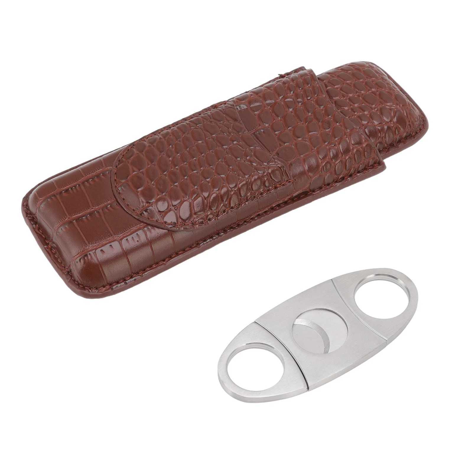Leather Travel Cigar Case with Cigar Clipper Wear Resistance Portable Cigar Holder Protective Case for 2Pcs Cigars Office PartyC250322