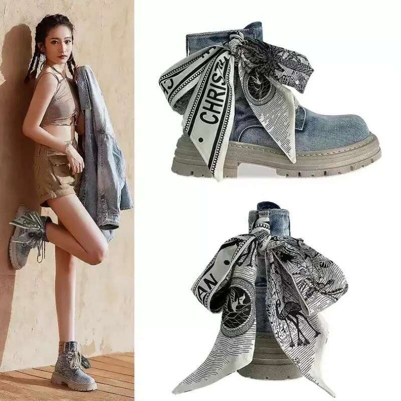 2025 New Women's Summer Collection Thick Bottom Cowboy Bow Tie Ankle Boots Designer Fashion Style Enhancement Anti slip Canvas Shoes Trendy Casua
