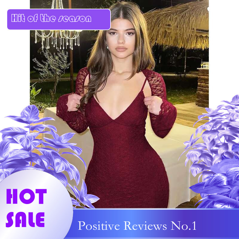 Dongdumaoyi Sexy Kanten Patchwork Jurk Met Bandjes Rood Puur Verlangen Heet Meisje Slim Fit Ontwerp V Hals Socialite Stijl Damesjurk C