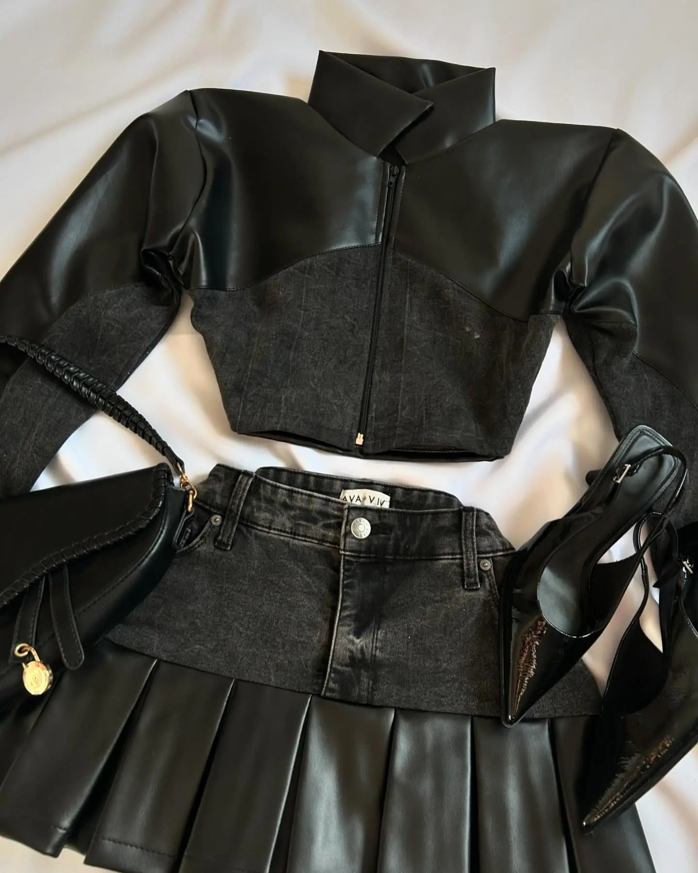 Two piece womens set Y2K Pu leather patchwork denim black skiing set Harajuku Gothic sexy zipper jacket mini skiing 250317