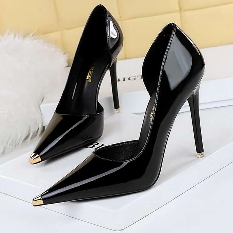 BIGTREE Black Patent Leather High Metal Pointed Pumps Sexy Party Shoes Stilettos Women 7 Cm 10.5cm Heels