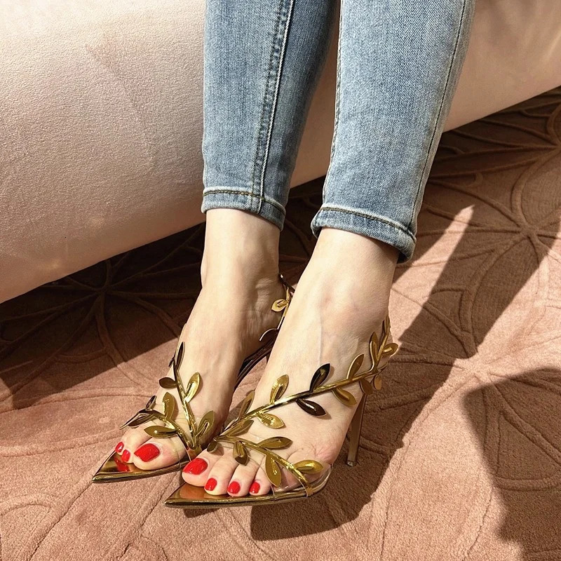 Summer Pointy Gold High Heels Womens Stiletto Leaves Elegant Fairy Sexy Banquet Transparent Sandals 250322