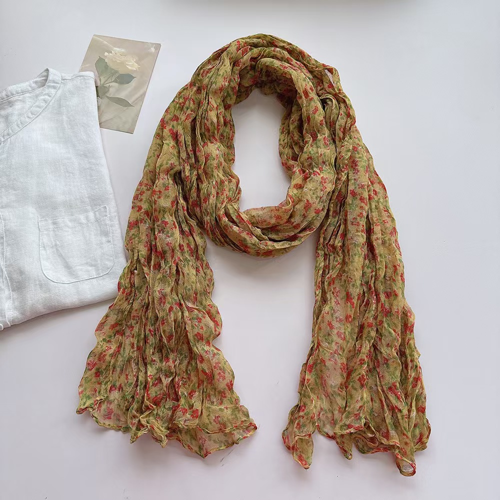 T336 Artistic Pleated Floral Cotton and Linen Scarf Women's Four Seasons Soft Retro All-match Warm Shawl Neck Scarf