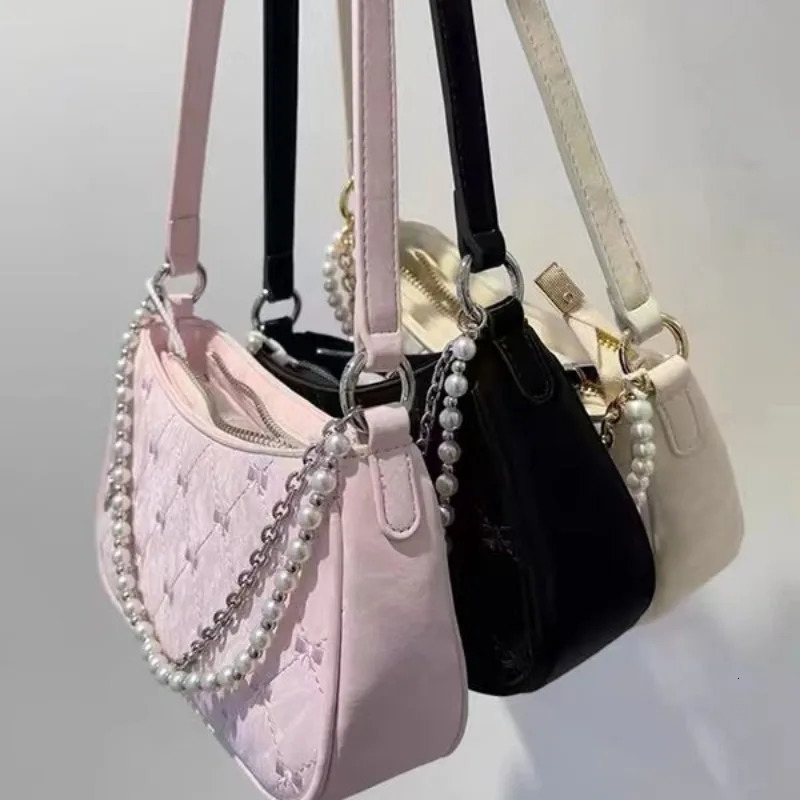 Pink Womens Shoulder Bag Elegant Cute Bow Pearl Chains Bow Embroidery Handbag Casual Leather Korean Fashion Female Handbag 250320