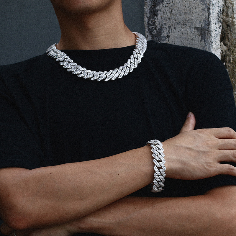 20mm full set Moissanite sterling silver S925 diamond shaped Cuban chain hip-hop fashion brand necklace jewelry