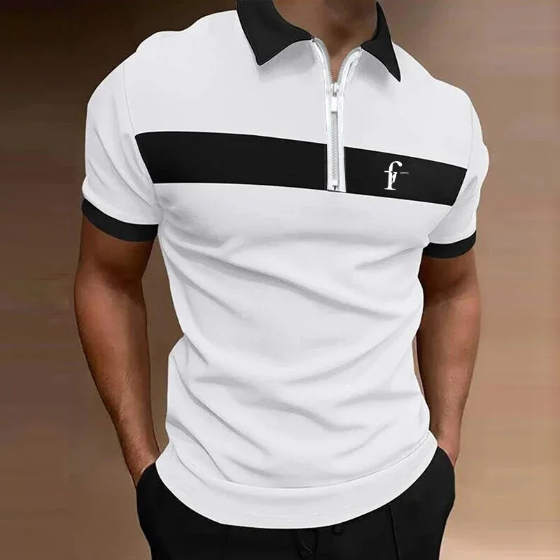 Mens Summer Slim Fit Short Sleeve Lapel Polo Shirt My Business Casual Zipper Clothes Sport Tops 250311