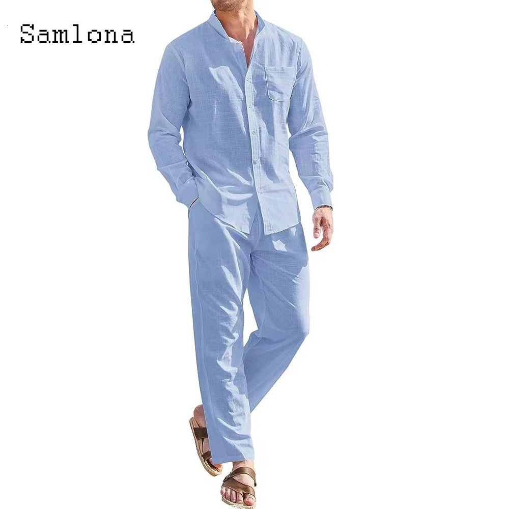 Mens casual linen two-piece set European style retro basic top and solid pants set 250318