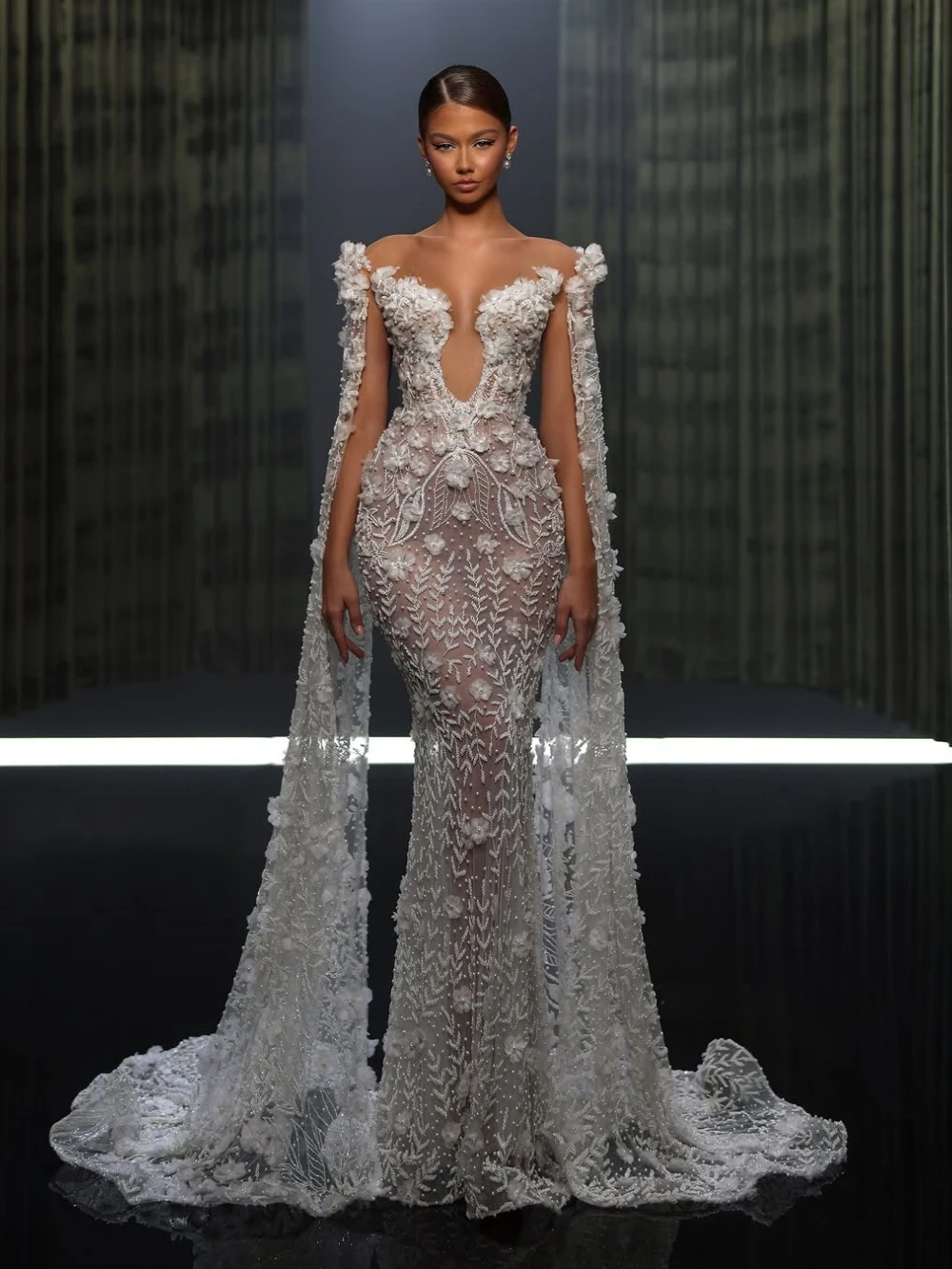 Sexy Mermaid Wedding Dress Sheer Neck Long Sleeves Bridal Gowns Sequins 3D Appliques Sweep Train Dresses Custom Made vestidos de novia