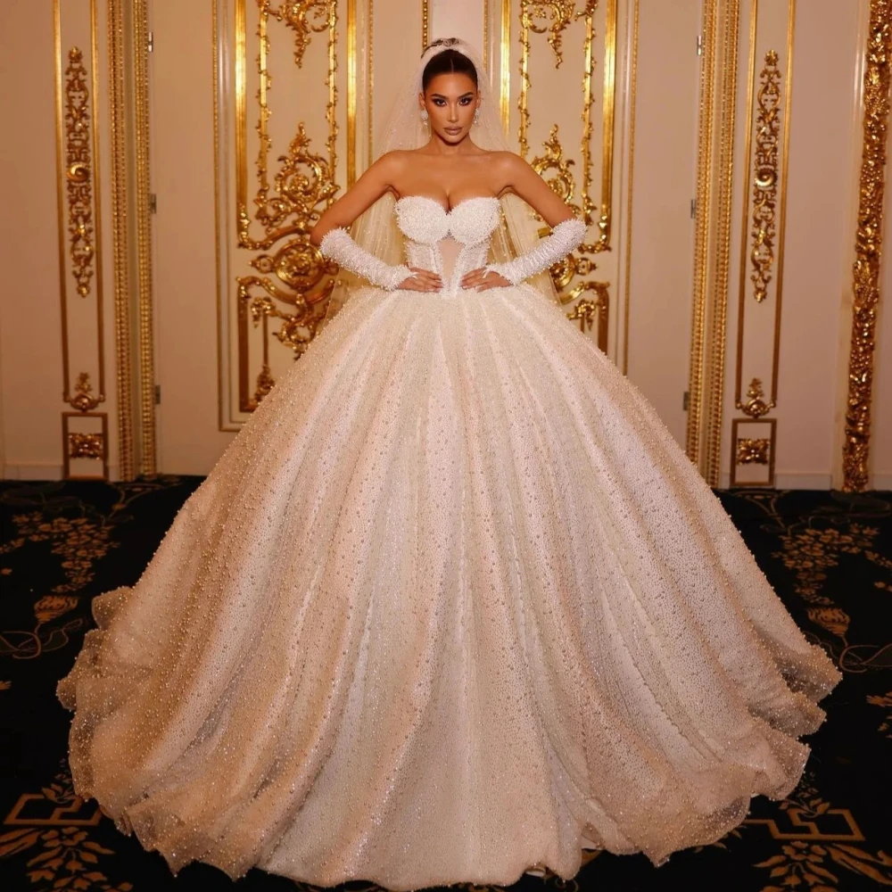 Illusion Ball Gown Wedding Dress Sweetheart Neck Sleeveless Bridal Gowns Sequins Pearls Sweep Train Dresses Custom Made vestidos de novia