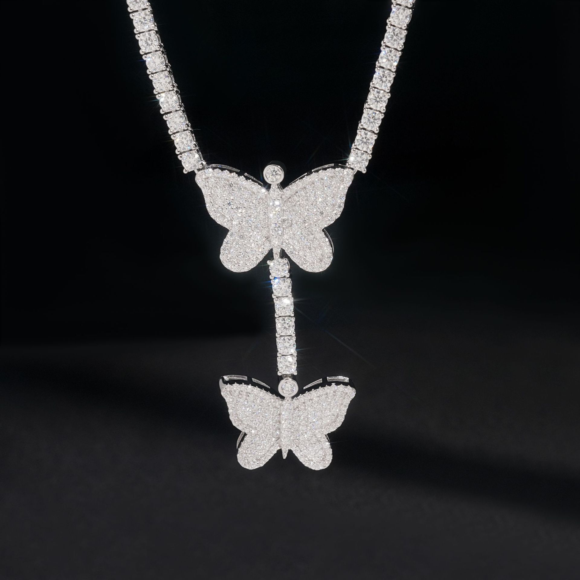New S925 Silver Set 3mm Moissanite Tennis Chain Personalized Butterfly Full Set Hip Hop Necklace