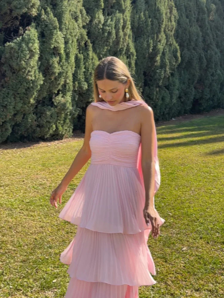 chic pink scarf long sleeved vest elegant strapless ultrathin pleated cake Maxi dress womens party club robe 250321