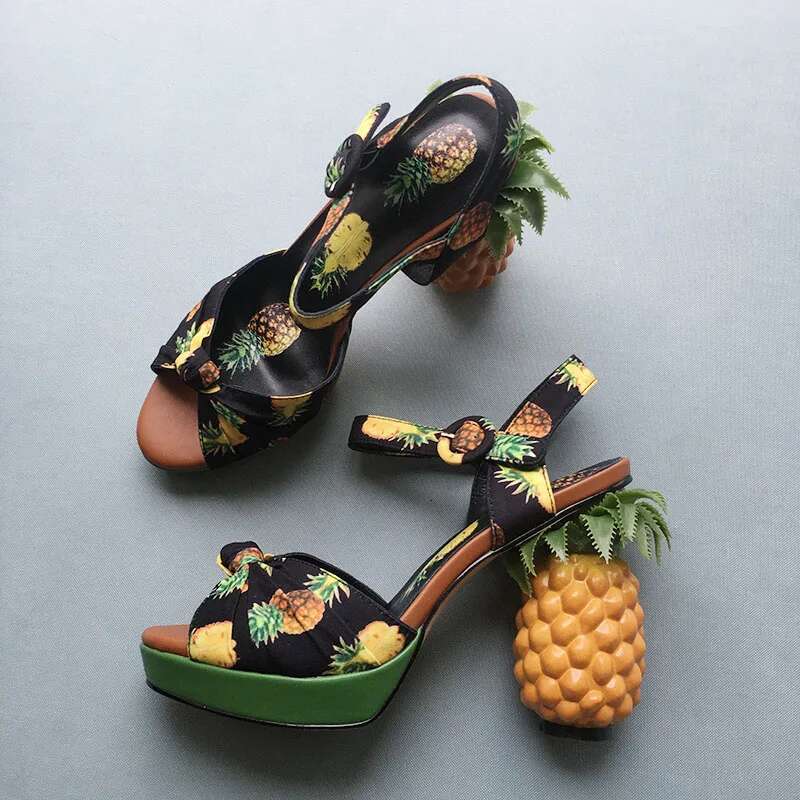 Phoentin pineapple high heels buckle strap sandals pink printed Peep-Toe Pumps summer platform shoes women novelty FT919