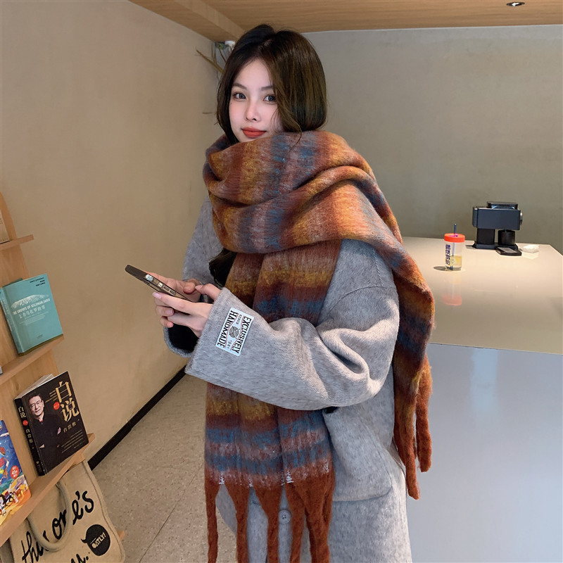 K200 Circle yarn scarf autumn and winter new thickened men and women's same style imitation cashmere tassel thick braid dog tail striped scarf