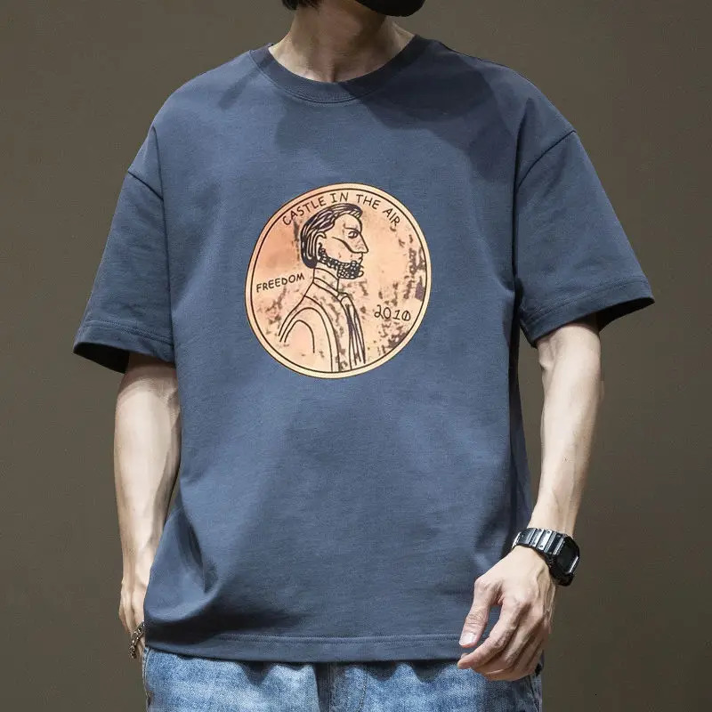 Summer Short sleeved Mens Fashion Casual Printed Cotton British Loose Round Neck Retro T-shirt Top 250321