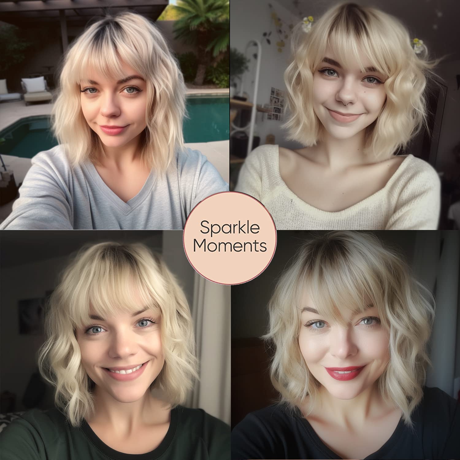 Short Blonde Bob Wigs for Women Wavy Ombre Grey Blonde Wig with Bangs Ash Blond Wig Synthetic Hair Water Wave Medium Length Colorful Wigs