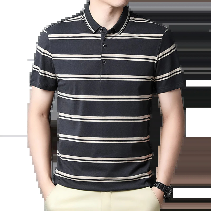 Summer mens polo shirt pure cotton short sleeved T-shirt thin striped business casual breathable pleated top 250321