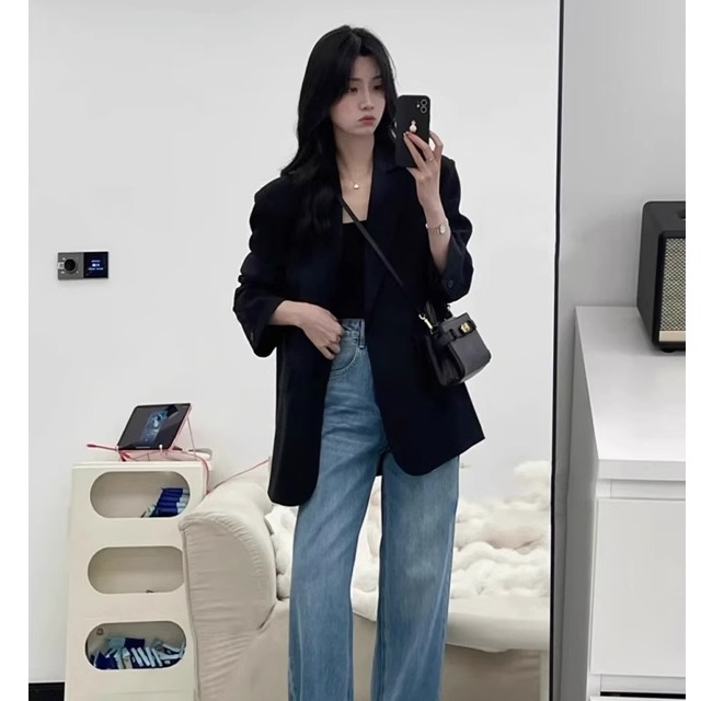 H320Contemporary Women's Black Business Blazer - Comfortable Fit Korean Fashion