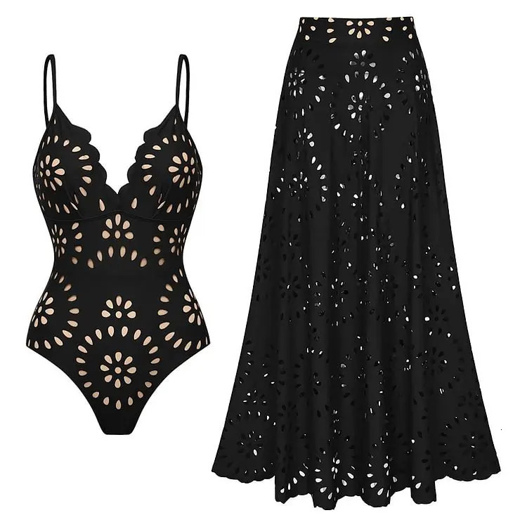 Flaxmaker Women One Piece Swimsuit and Skirt Black Laser Cutting Flower Hollow Swimwear Summer Deep V Neck Bathing Suit 2025 250322