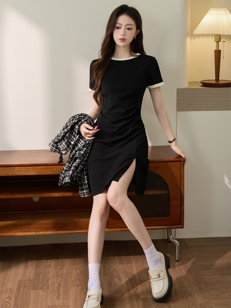 CL3230 A3 High quality age-reducing drawstring waist dress for women 2025 summer new pure cotton slim fit short sleeves