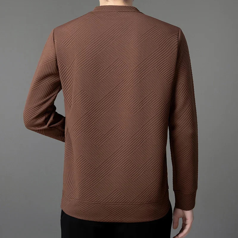 Spring and Autumn Mens Casual Jacquard Long sleeved Round Neck T-shirt Fashion Top 250409