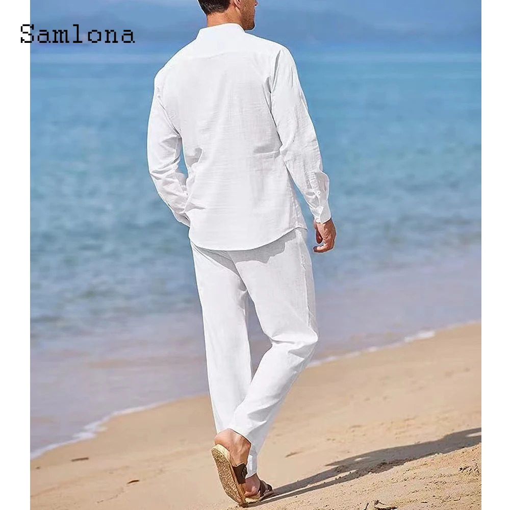 Mens casual linen two-piece set European style retro basic top and solid pants set 250318