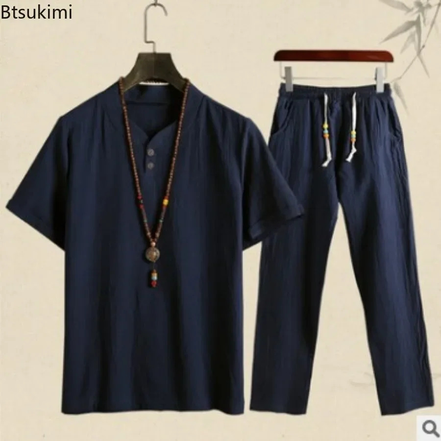 Mens Summer Chinese Style Sets Vintage Cotton Linen Short Sleeve V-neck Shirt and Pants Suit Sets Loose Casual Men Outfits 250318