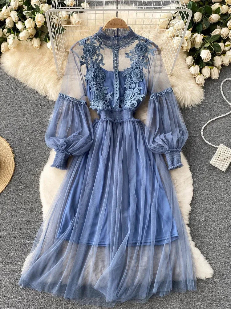 Ladies Dress Three-dimensional Flower Hook Mesh Temperament Stand Collar Lantern Sleeve High Waist Slim Female Dresses 250322