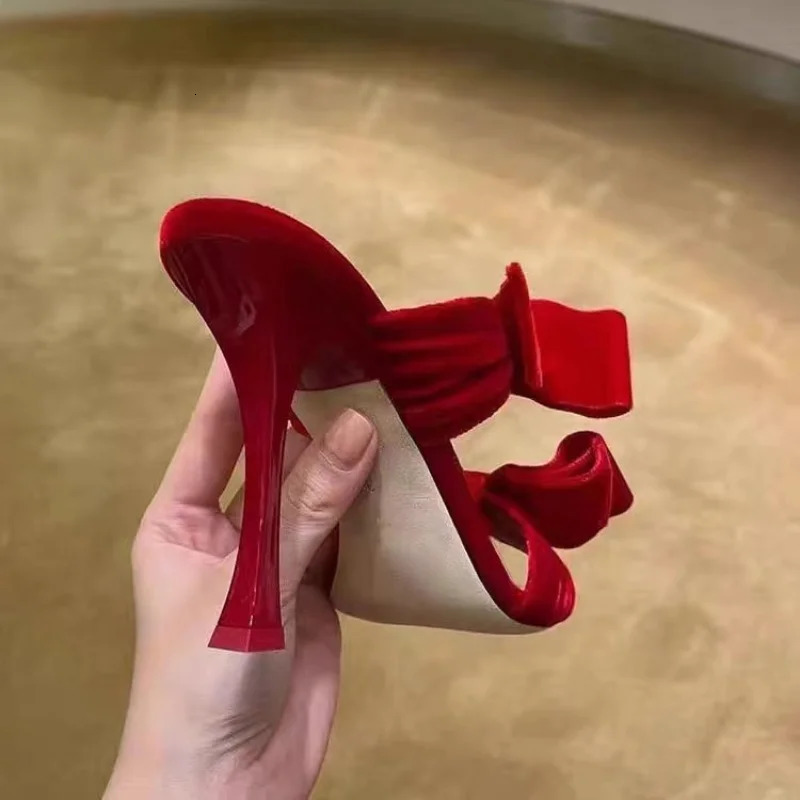 Square Toe Sandals Sexy Pink Velvet Bow Stiletto Heels Temperament Open-Toed Slippers Women 250322