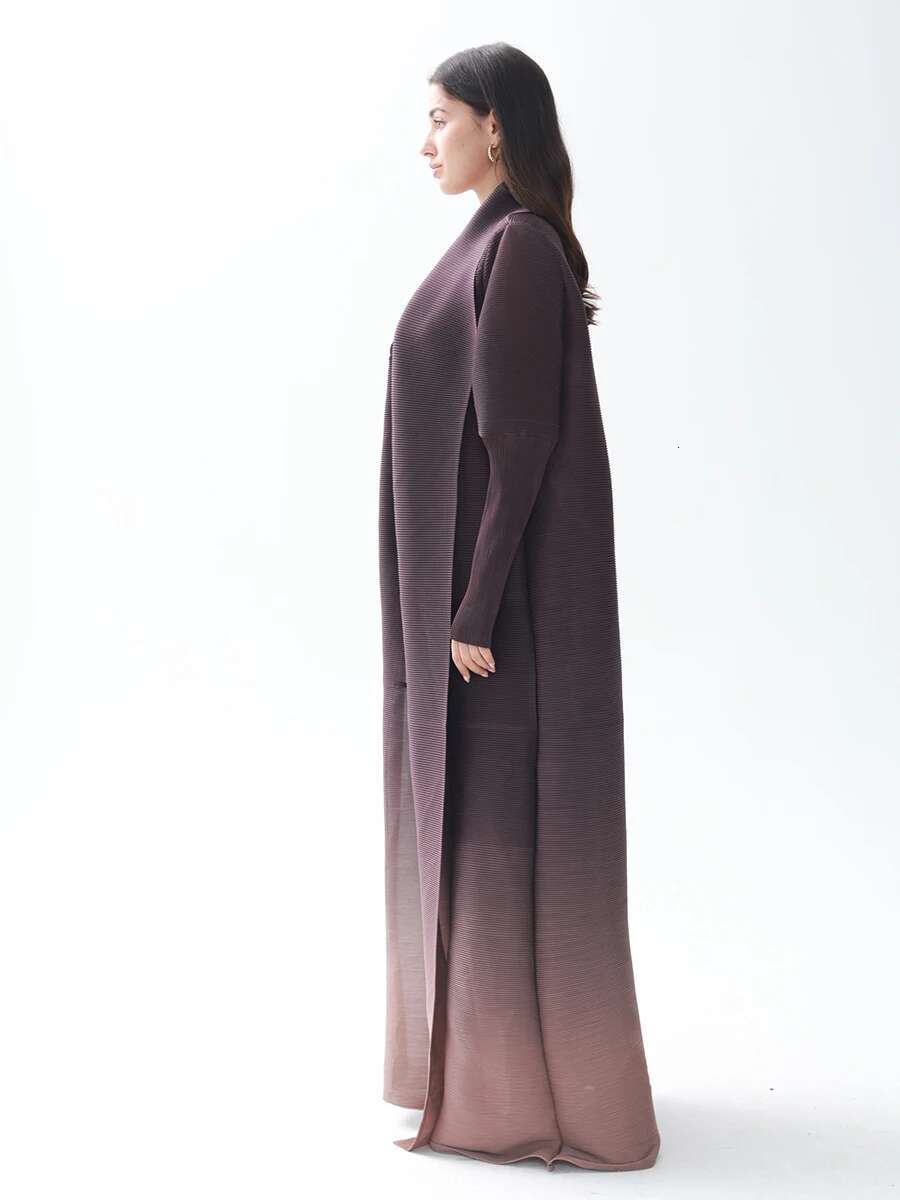 Miyake Pleated Gradient Turndown Collar Lantern Sleeve Jacket Women 2024 New Original Designer Abaya Fashion Long Coats