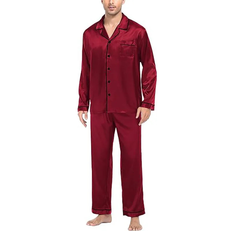 2PCSSet Plus Size Solid Long-Sleeved Pyjamas Men Spring and Autumn Silk Sleepwear Homewear Cardigan Lapel Trousers Nightwear 250319