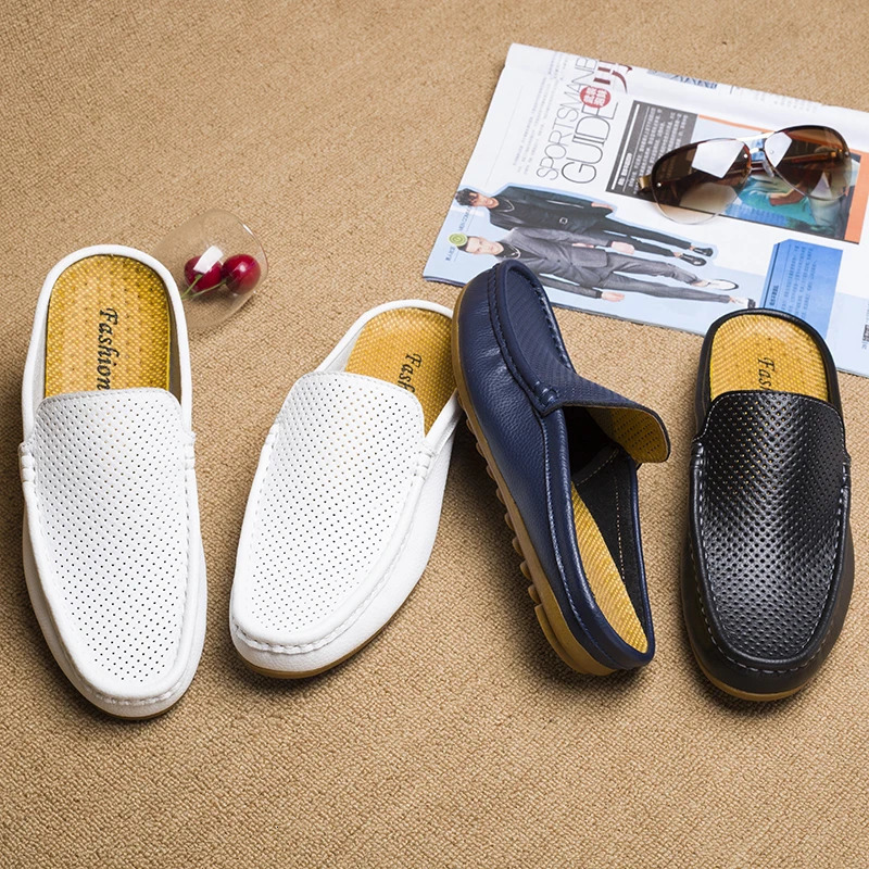 Fashion Men Half Loafers Genuine Leather Slippers Loafer Slides Breathable Mules for Man Outdoor Lightweight Half Shoes 250321
