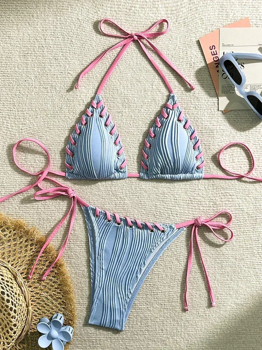 2025 Halter Wrinkled Weave Bikini Women Swimwear Female Swimsuit Two Pieces Bikini Set Brazilian Bathing Suit Swim Beach Wear 250317